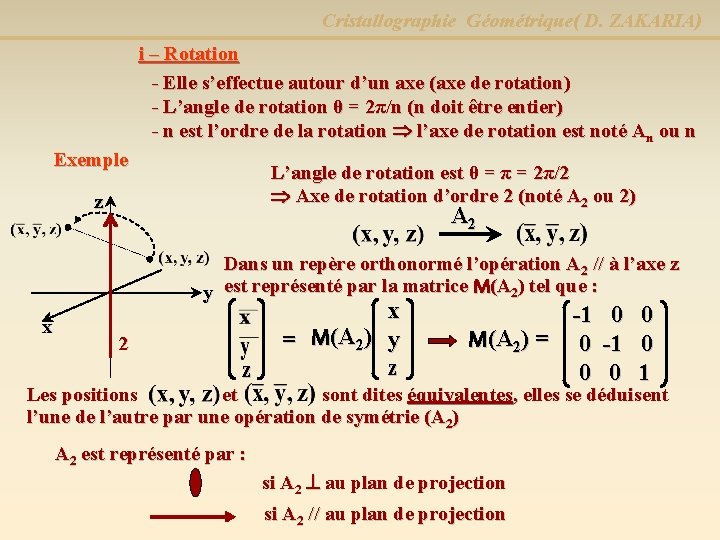 Cristallographie Géométrique( D. ZAKARIA) i – Rotation - Elle s’effectue autour d’un axe (axe