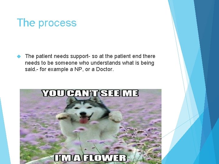 The process The patient needs support- so at the patient end there needs to