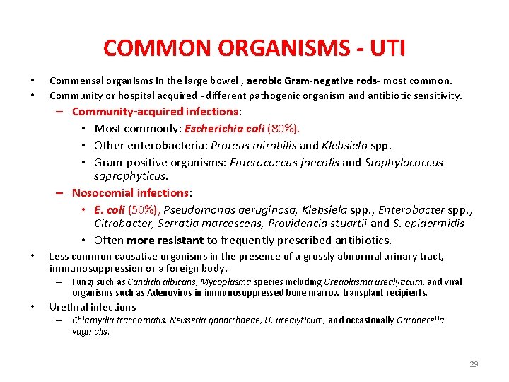 COMMON ORGANISMS - UTI • • Commensal organisms in the large bowel , aerobic