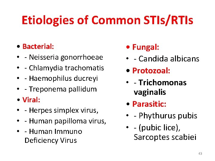 Etiologies of Common STIs/RTIs • Bacterial: • - Neisseria gonorrhoeae • - Chlamydia trachomatis