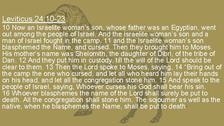 Leviticus 24: 10 -23 10 Now an Israelite woman’s son, whose father was an