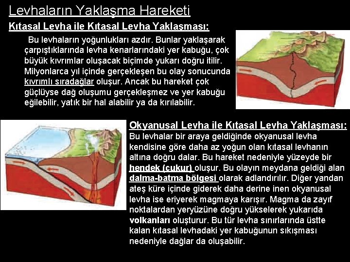 Levhaların Yaklaşma Hareketi Kıtasal Levha ile Kıtasal Levha Yaklaşması: Bu levhaların yoğunlukları azdır. Bunlar