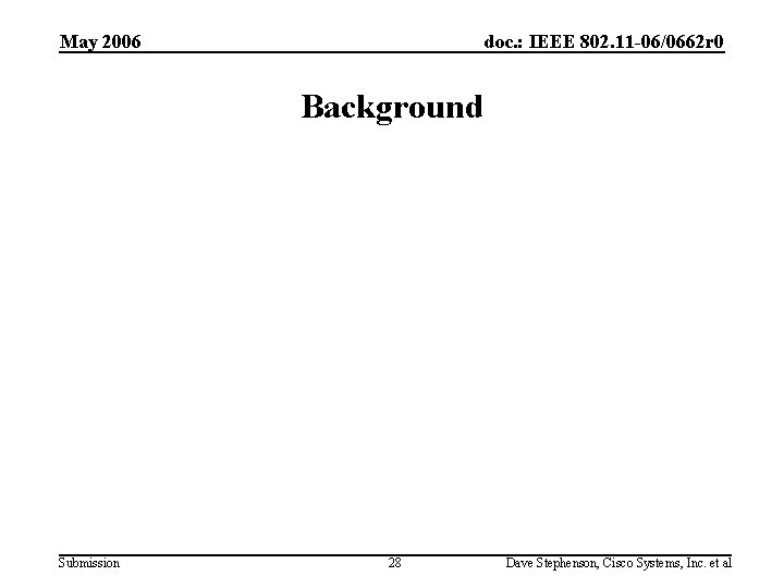 May 2006 doc. : IEEE 802. 11 -06/0662 r 0 Background Submission 28 Dave