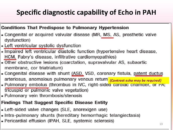 Specific diagnostic capability of Echo in PAH (Contrast echo may be required) 13 Specific diagnostic capability of Echo in PAH (Contrast echo may be required) 13
