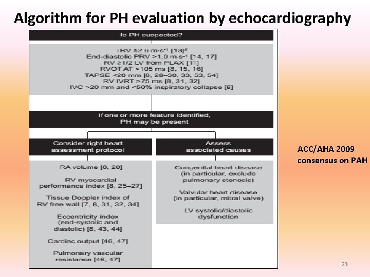 Algorithm for PH evaluation by echocardiography ACC/AHA 2009 consensus on PAH 23 Algorithm for PH evaluation by echocardiography ACC/AHA 2009 consensus on PAH 23