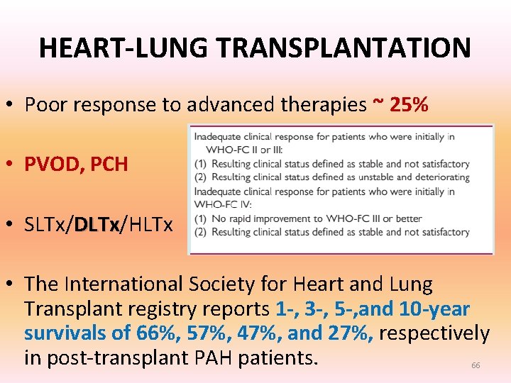 HEART-LUNG TRANSPLANTATION • Poor response to advanced therapies ~ 25% • PVOD, PCH • HEART-LUNG TRANSPLANTATION • Poor response to advanced therapies ~ 25% • PVOD, PCH •
