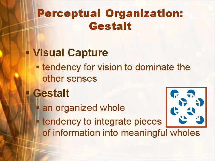 Perceptual Organization: Gestalt § Visual Capture § tendency for vision to dominate the other