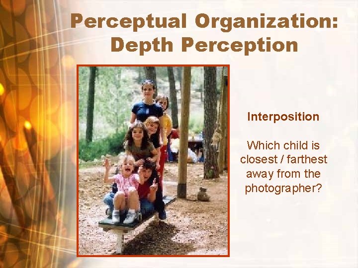 Perceptual Organization: Depth Perception Interposition Which child is closest / farthest away from the