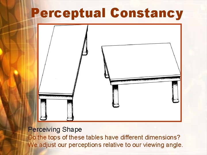 Perceptual Constancy Perceiving Shape Do the tops of these tables have different dimensions? We