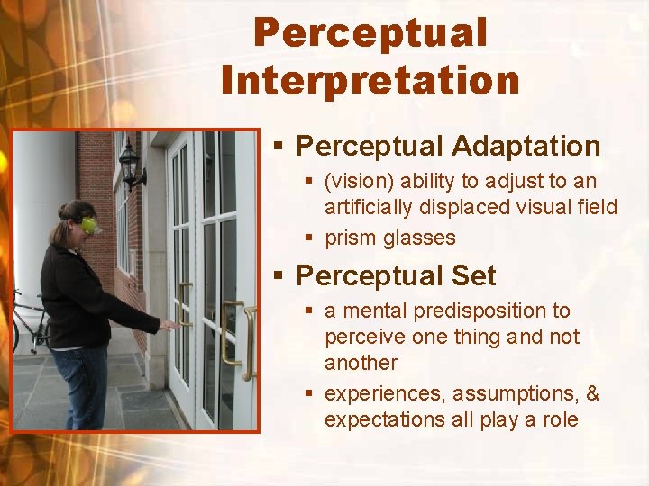 Perceptual Interpretation § Perceptual Adaptation § (vision) ability to adjust to an artificially displaced