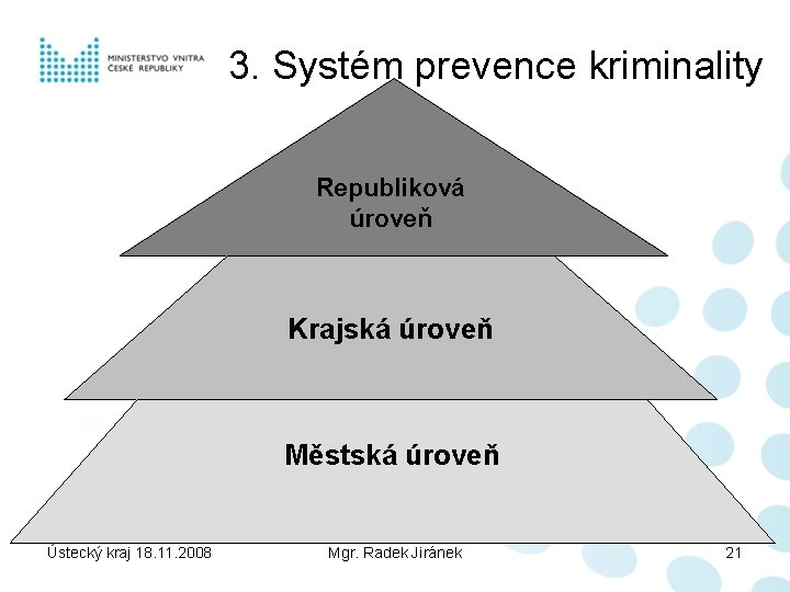 3. Systém prevence kriminality Republiková úroveň Krajská úroveň Městská úroveň Ústecký kraj 18. 11.