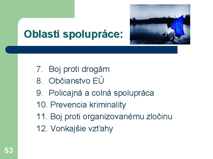 Oblasti spolupráce: 7. Boj proti drogám 8. Občianstvo EÚ 9. Policajná a colná spolupráca