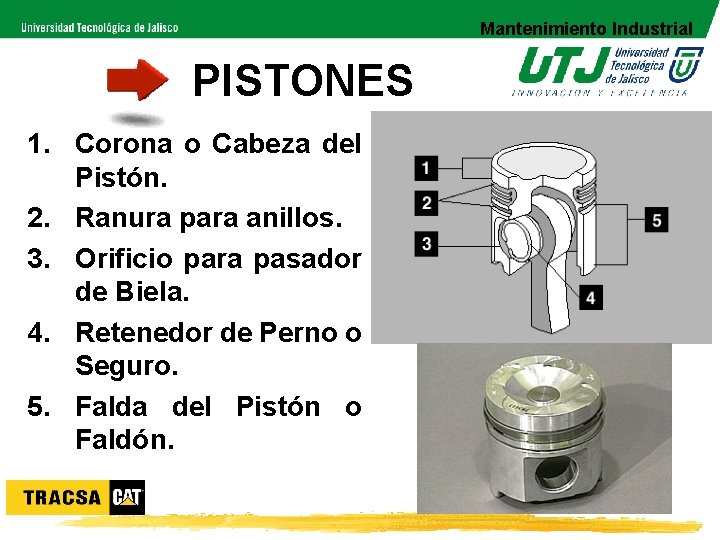 Mantenimiento Industrial PISTONES 1. Corona o Cabeza del Pistón. 2. Ranura para anillos. 3.