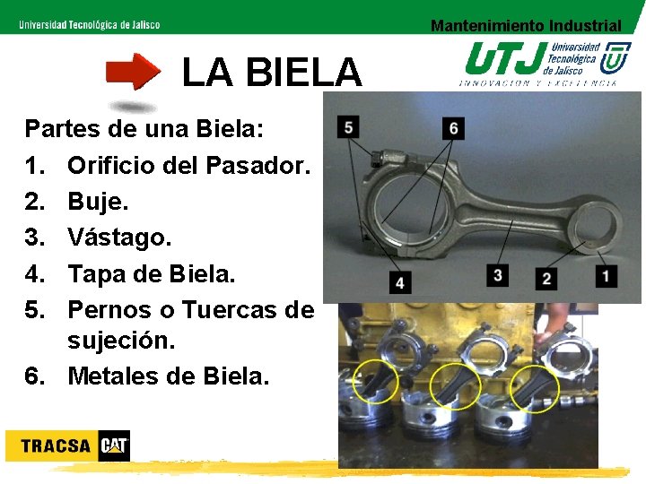 Mantenimiento Industrial LA BIELA Partes de una Biela: 1. Orificio del Pasador. 2. Buje.