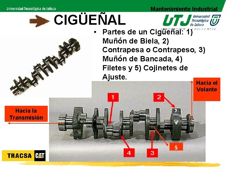 Mantenimiento Industrial CIGÜEÑAL • Partes de un Cigüeñal: 1) Muñón de Biela, 2) Contrapesa