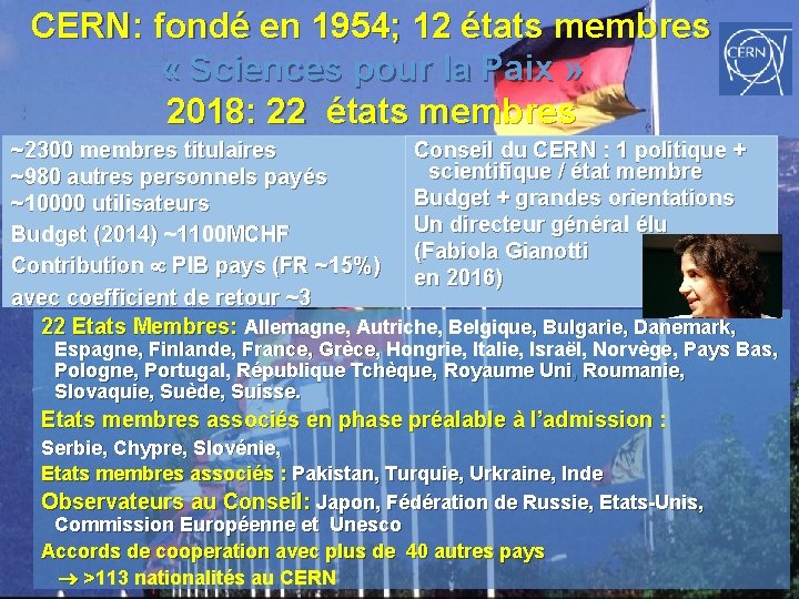 CERN: fondé en 1954; 12 états membres « Sciences pour la Paix » 2018: