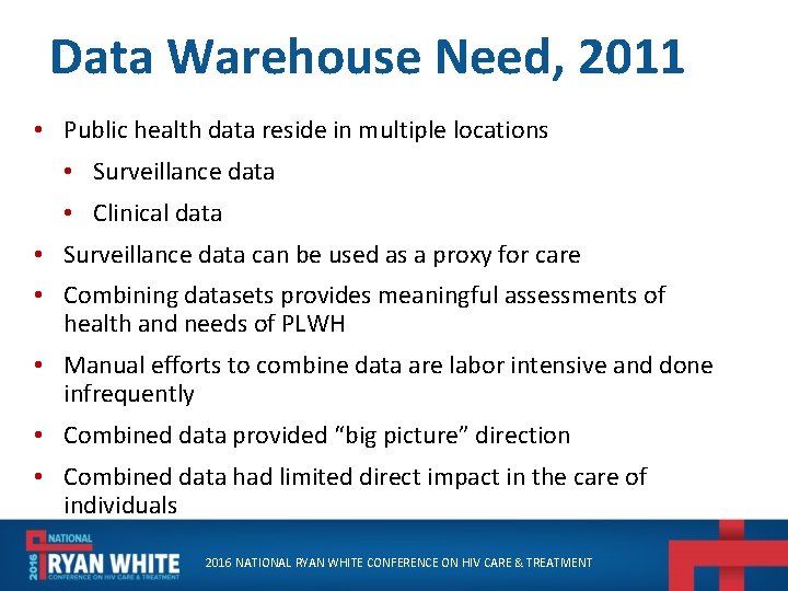 Data Warehouse Need, 2011 • Public health data reside in multiple locations • Surveillance