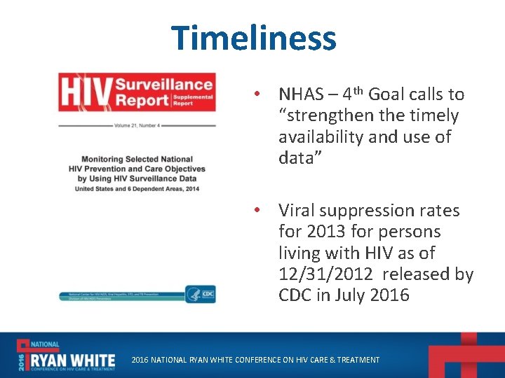 Timeliness • NHAS – 4 th Goal calls to “strengthen the timely availability and