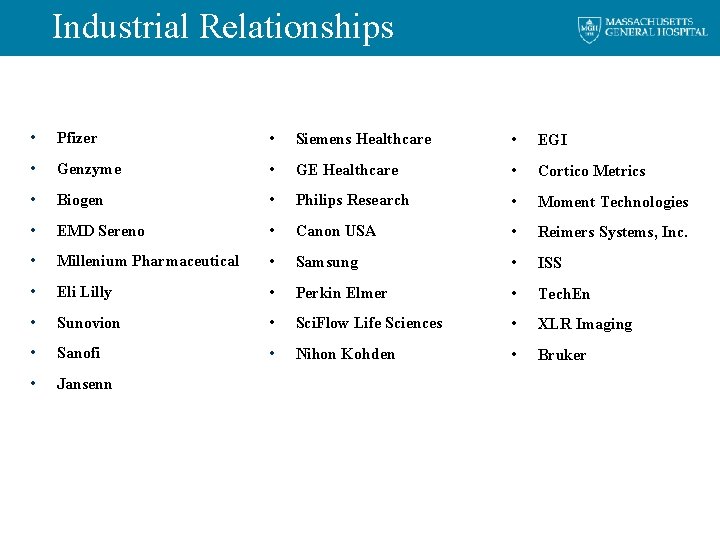 Industrial Relationships • Pfizer • Siemens Healthcare • EGI • Genzyme • GE Healthcare