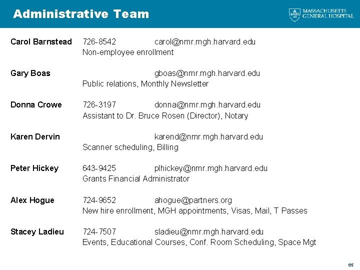 Administrative Team Carol Barnstead 726 -8542 carol@nmr. mgh. harvard. edu Non-employee enrollment Gary Boas