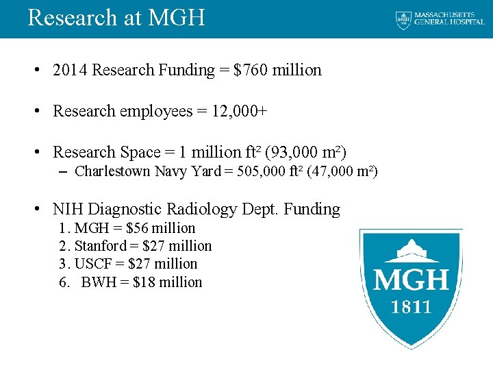 Research at MGH • 2014 Research Funding = $760 million • Research employees =