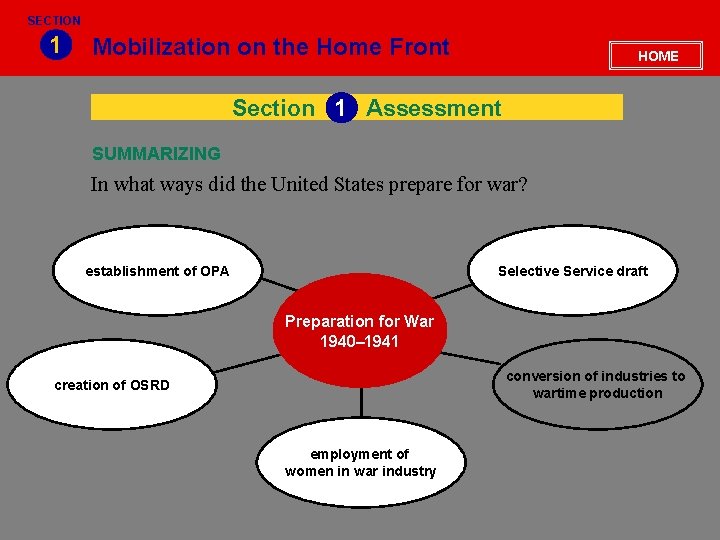 SECTION 1 Mobilization on the Home Front HOME Section 1 Assessment SUMMARIZING In what