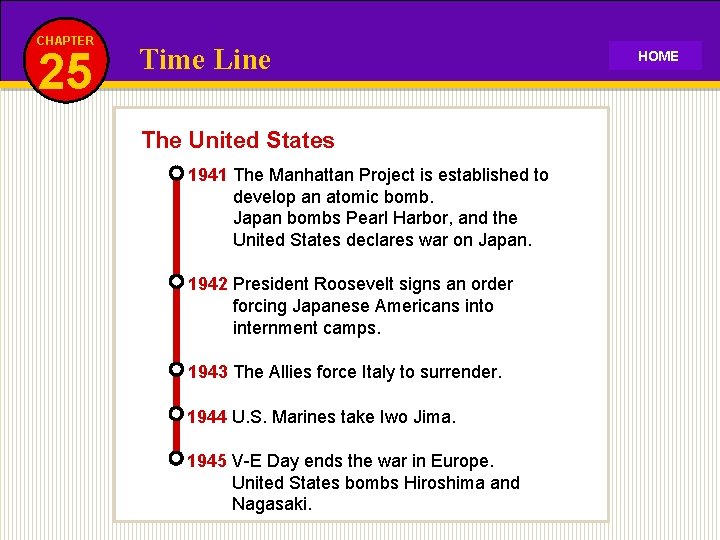 CHAPTER 25 Time Line The United States 1941 The Manhattan Project is established to