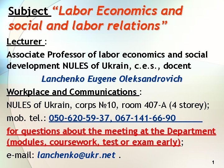 Subject “Labor Economics and social and labor relations” Lecturer : Associate Professor of labor