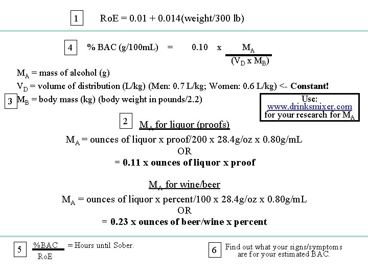 1 4 Ro. E = 0. 01 + 0. 014(weight/300 lb) % BAC (g/100