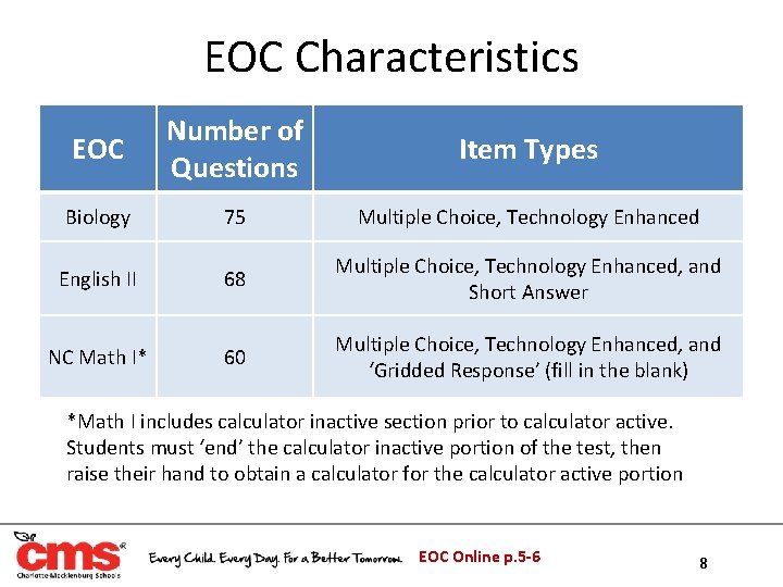 EOC Characteristics EOC Number of Questions Item Types Biology 75 Multiple Choice, Technology Enhanced EOC Characteristics EOC Number of Questions Item Types Biology 75 Multiple Choice, Technology Enhanced