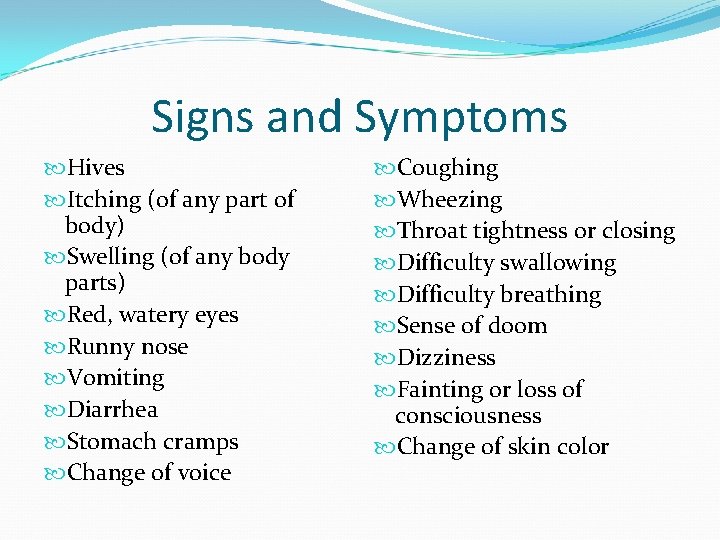 Signs and Symptoms Hives Itching (of any part of body) Swelling (of any body