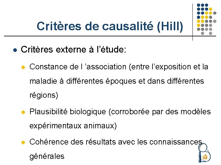 Critères de causalité (Hill) l Critères externe à l’étude: l Constance de l ’association