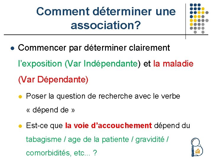 Comment déterminer une association? l Commencer par déterminer clairement l’exposition (Var Indépendante) et la