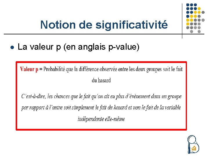 Notion de significativité l La valeur p (en anglais p-value) 