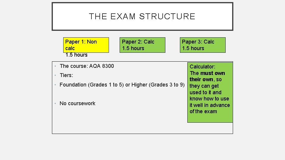THE EXAM STRUCTURE Paper 1: Non calc 1. 5 hours • The course: AQA