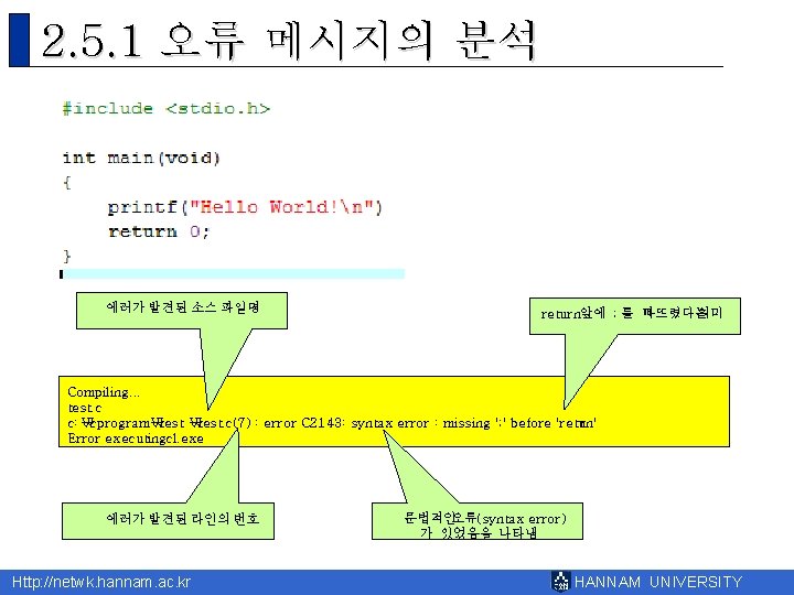 2. 5. 1 오류 메시지의 분석 에러가 발견된 소스 파일명 의미 return앞에 ; 를