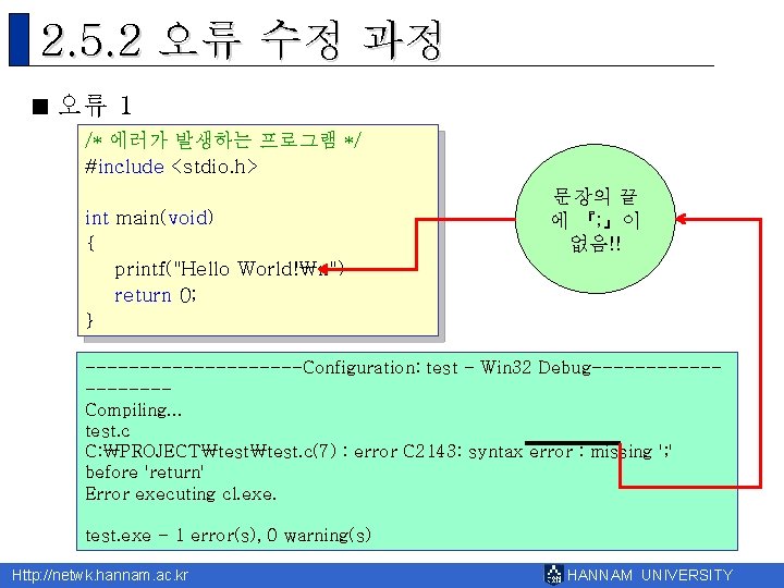 2. 5. 2 오류 수정 과정 오류 1 /* 에러가 발생하는 프로그램 */ #include