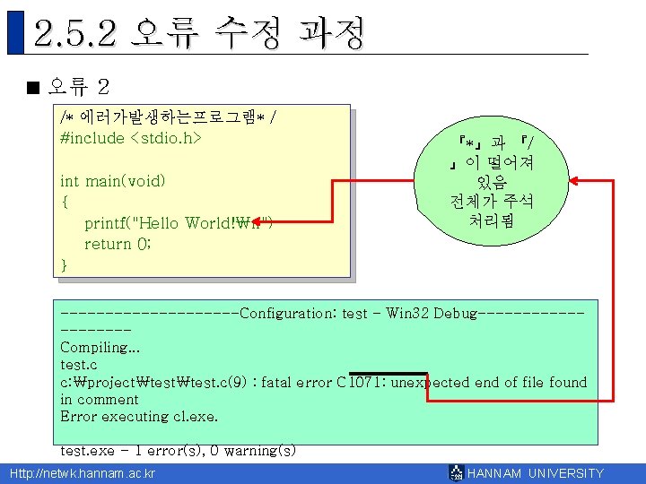 2. 5. 2 오류 수정 과정 오류 2 /* 에러가발생하는프로그램* / #include <stdio. h>