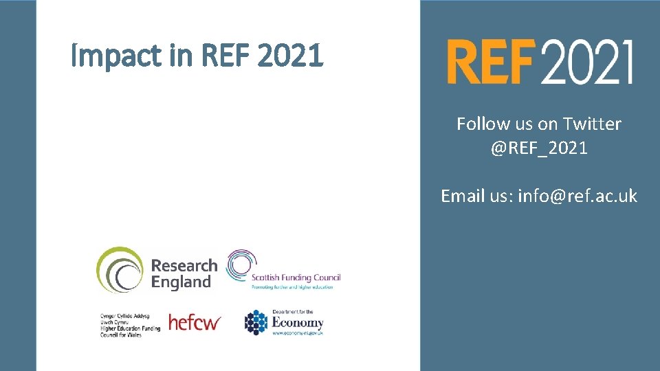 Impact in REF 2021 Follow us on Twitter @REF_2021 Email us: info@ref. ac. uk