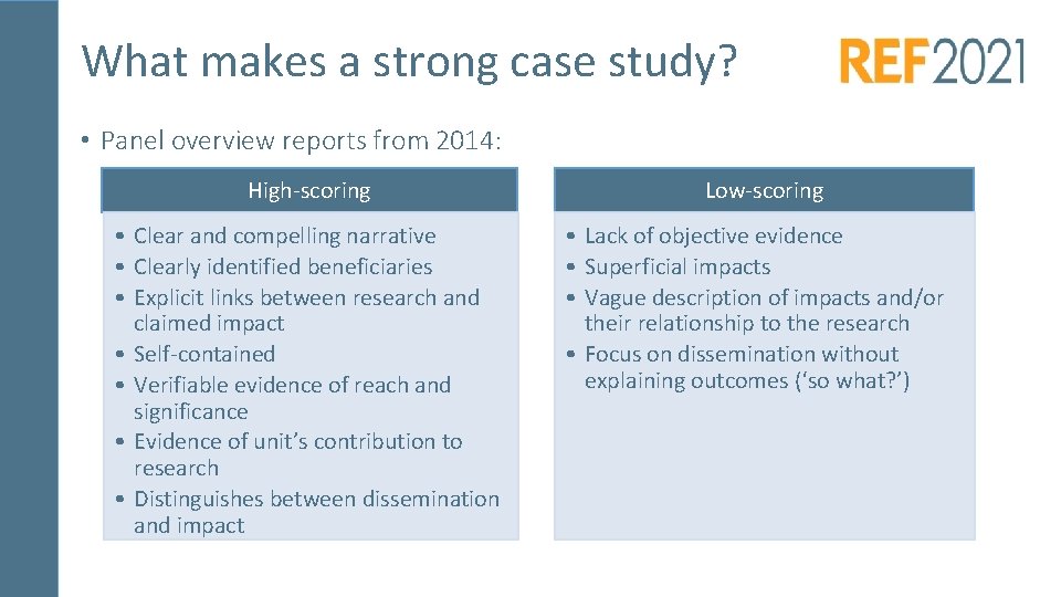 What makes a strong case study? • Panel overview reports from 2014: High-scoring •