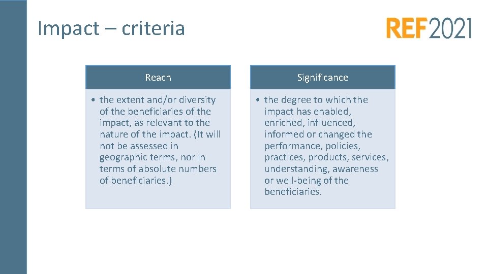 Impact – criteria Reach Significance • the extent and/or diversity of the beneficiaries of