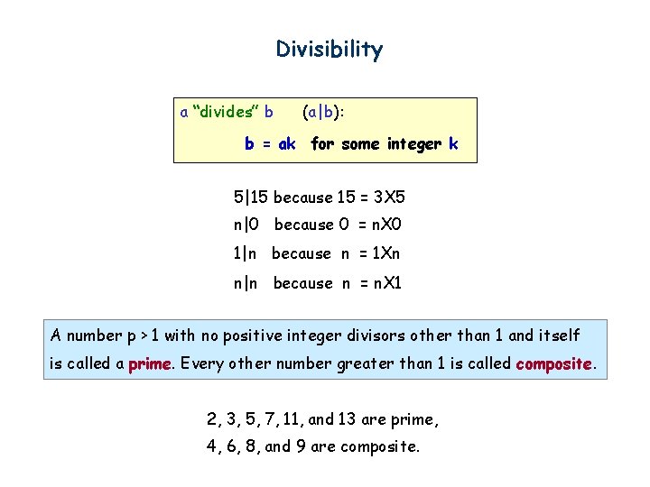 Divisibility a “divides” b (a|b): b = ak for some integer k 5|15 because