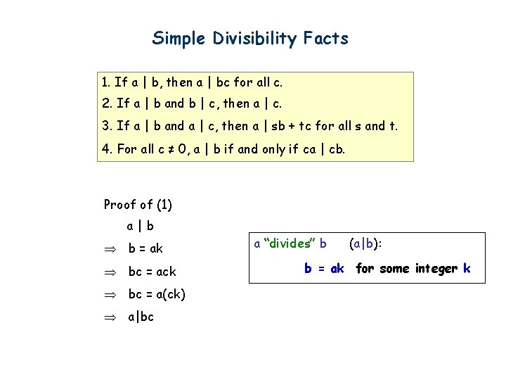 Simple Divisibility Facts 1. If a | b, then a | bc for all