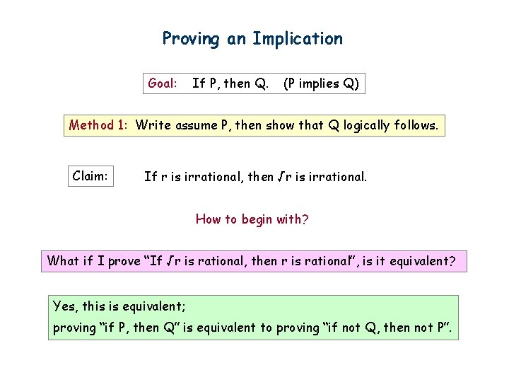 Proving an Implication Goal: If P, then Q. (P implies Q) Method 1: Write