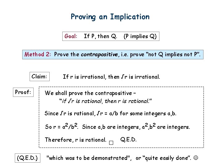 Proving an Implication Goal: If P, then Q. (P implies Q) Method 2: Prove