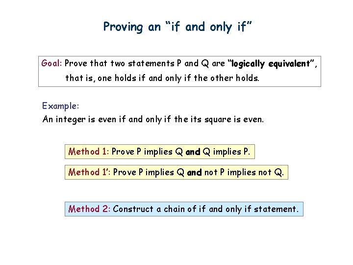 Proving an “if and only if” Goal: Prove that two statements P and Q