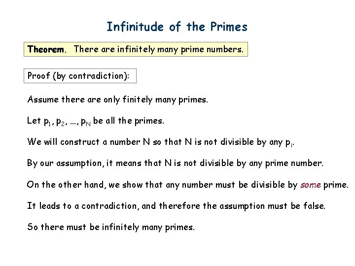 Infinitude of the Primes Theorem. There are infinitely many prime numbers. Proof (by contradiction):