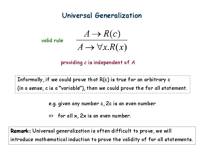 Universal Generalization valid rule providing c is independent of A Informally, if we could