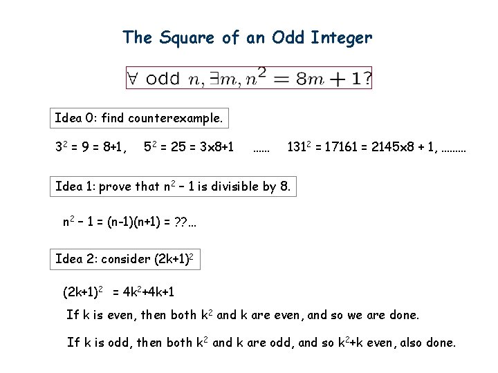 The Square of an Odd Integer Idea 0: find counterexample. 32 = 9 =