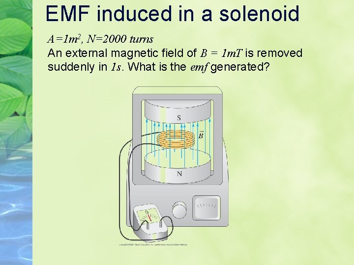 EMF induced in a solenoid A=1 m 2, N=2000 turns An external magnetic field